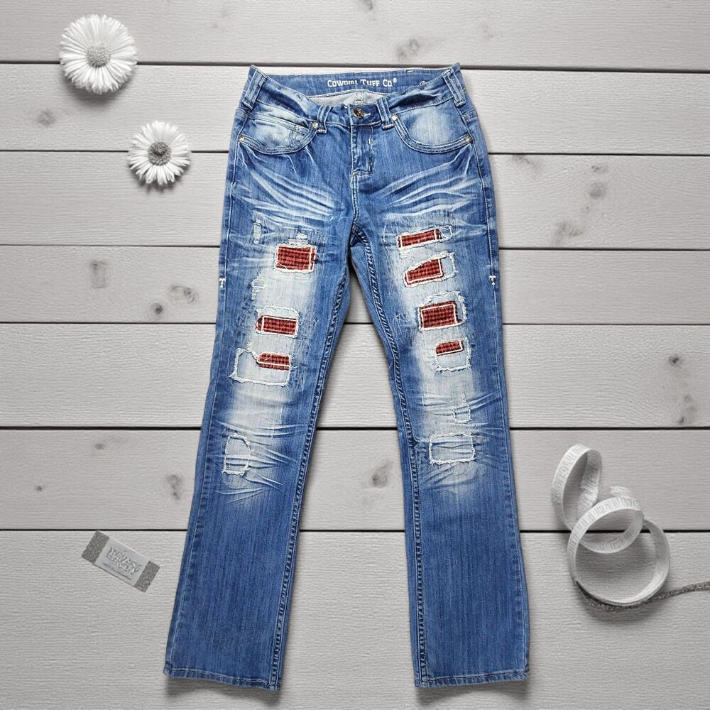 Cowgirl Tuff Patched Up Plaid Distressed Jeans Boot Cut Women's 28"/35"